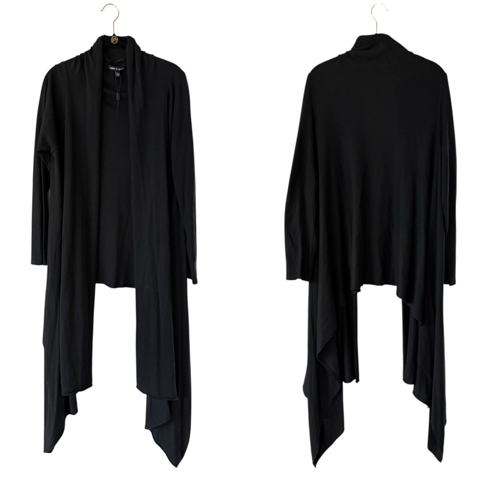 Women’s Black Long Open-Front Draped Cardigan Sweater Size Medium Large Viscose - Picture 2 of 15